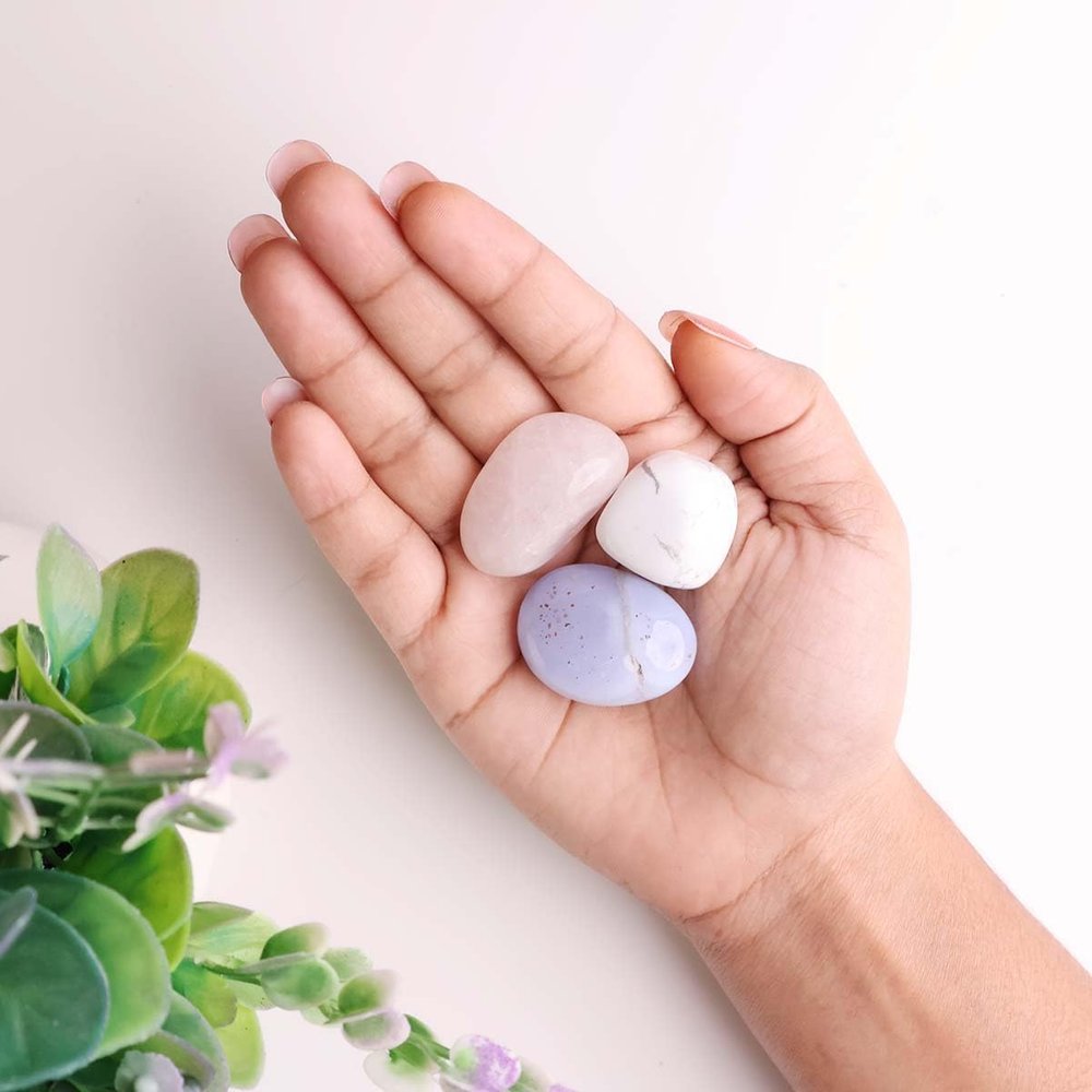 9Dzine Leo Zodiac BirthStones Tumble Set -Blue Lace Agate, Howlite & Rose Quartz | Leo Lucky Birth Stones Crystal for Born under June 22-July 22 | Healing Crystals Set for Astrology, Meditation & Energy Balancing with Guide Card and Red Pouch