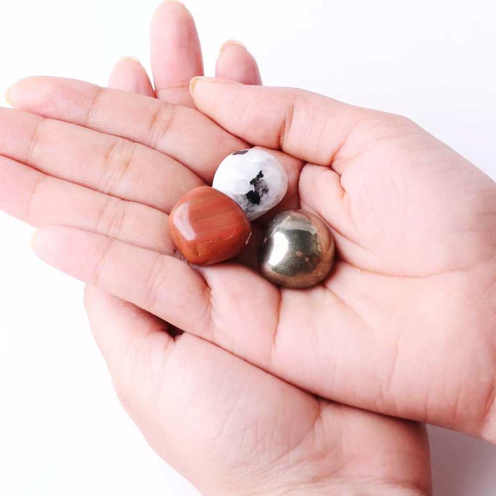 9Dzine Gemini Zodiac BirthStones Tumble Set Pyrite, Red Jasper, Rainbow Moonstone | Gemini Lucky Birth Stones Crystal for Born under (May 21  June 20) | Healing Crystals Set for Confidence, Grounding & Intuition with Guide Card and Red Pouch | Gift