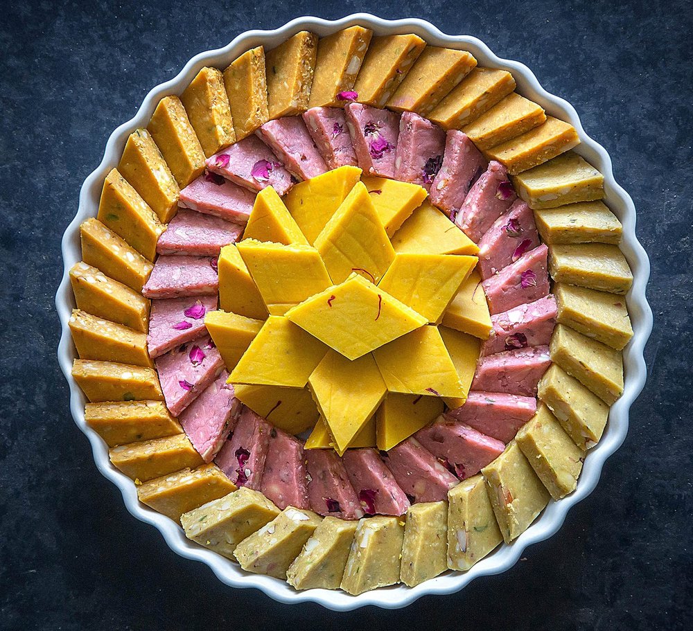 Dessert Drama by Kesar Sweets | Flavored Kaju Katli (Rose, Kesar/Saffron, Plain, and Mango) - 400 gm Cashew sweets made with pure Desi ghee | Katli Sweet gift | Sweets Gift Hamper for Family & Friends | Corporate Gifts for Staff | Pure Desi Ghee Swee