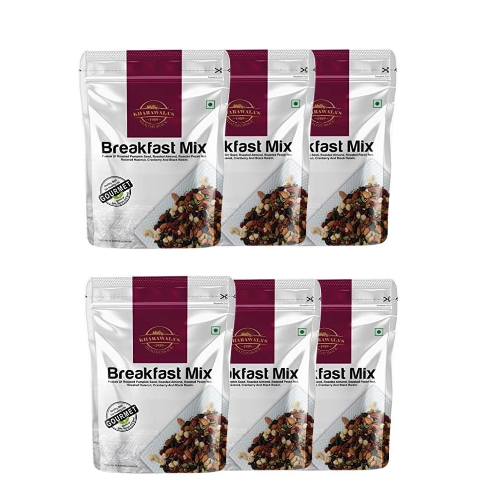 KHARAWALA'S Breakfast Mix - Pack of 6 (200gm Eac) | Fusion of Roasted Pumkin Seed, Almonds, Pecan Nuts, Hazelnut, Cranberry & Black raisins