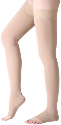 JUST CARE Thigh High Compression Stockings, Open Toe, Pair, Firm Support 20-30mmHg Gradient Compression Socks, Unisex, Opaque, Best for Spider & Varicose Veins, Edema, Swelling, Beige M (XXL, Beige)