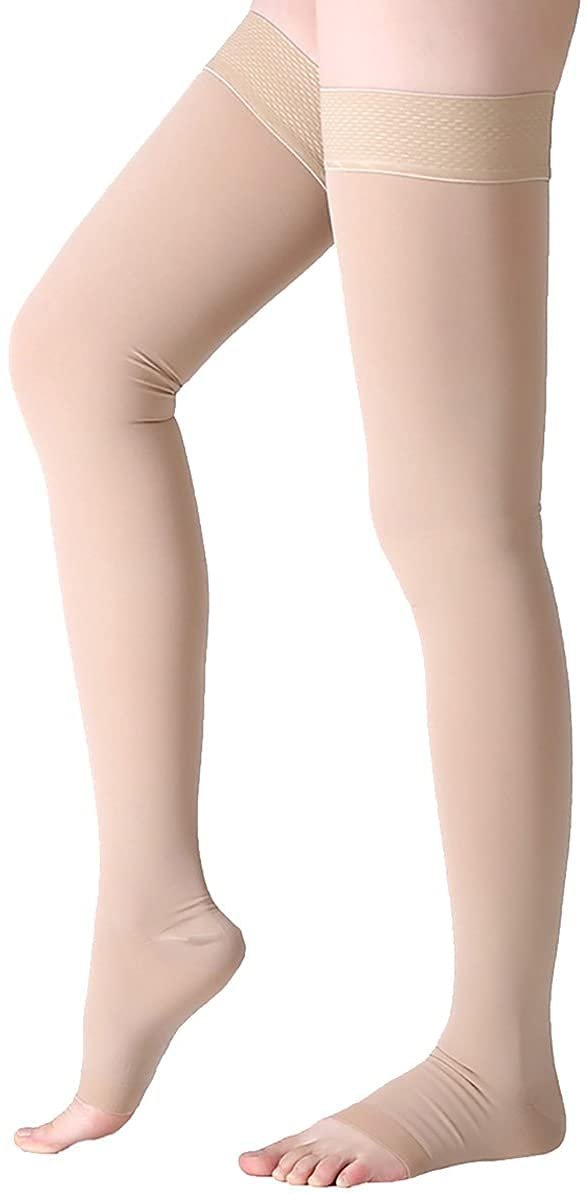 JUST CARE Thigh High Compression Stockings, Open Toe, Pair, Firm Support 20-30mmHg Gradient Compression Socks, Unisex, Opaque, Best for Spider & Varicose Veins, Edema, Swelling, Beige M (XXL, Beige)