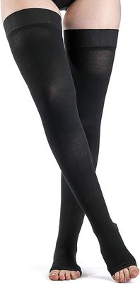 JUST CARE Thigh High Compression Stockings, Open Toe, Pair, Firm Support 20-30mmHg Gradient Compression Socks, Unisex, Opaque, Best for Spider & Varicose Veins, Edema, Swelling, Beige M (M, Black)