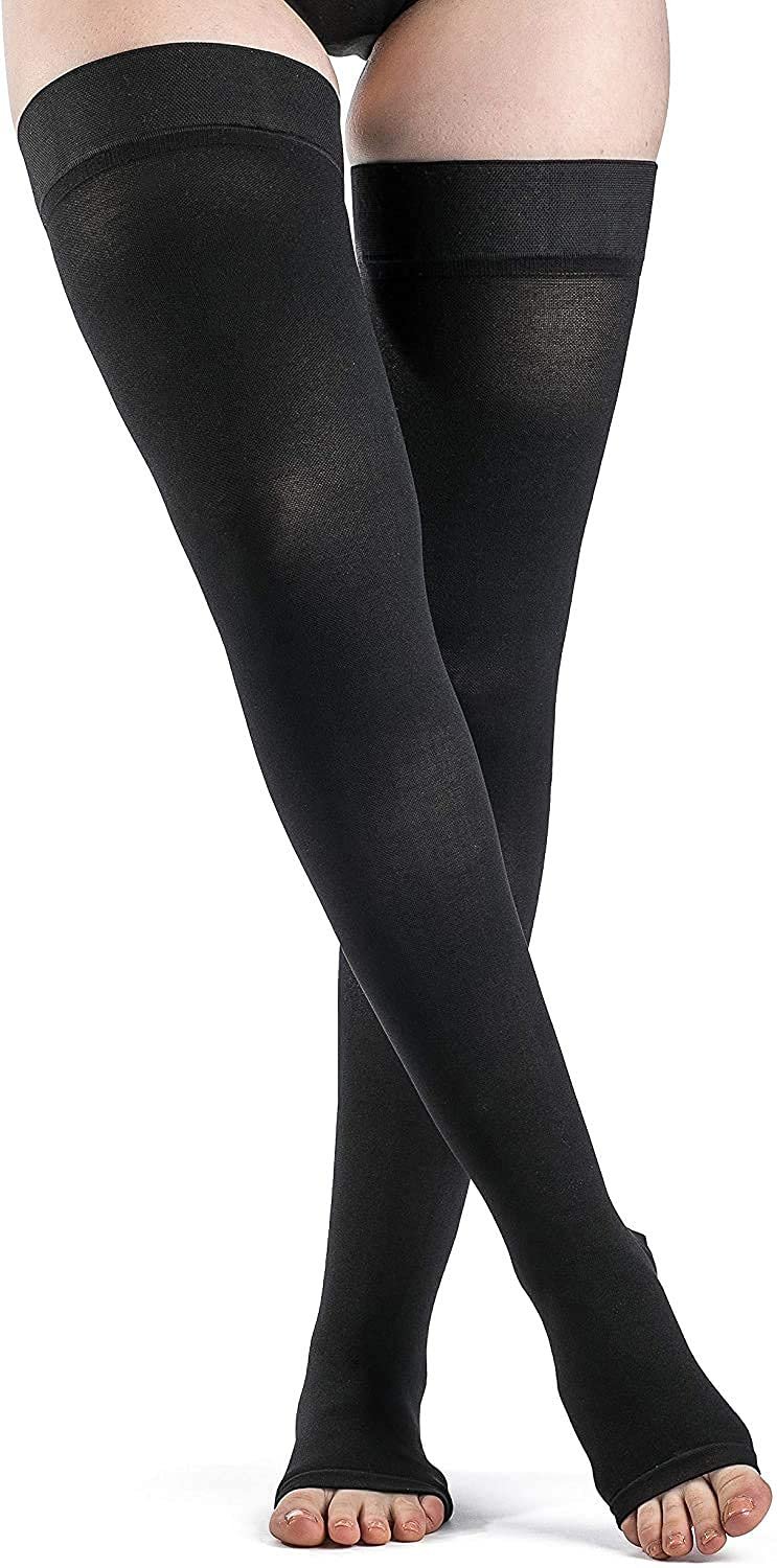 JUST CARE Thigh High Compression Stockings, Open Toe, Pair, Firm Support 20-30mmHg Gradient Compression Socks, Unisex, Opaque, Best for Spider & Varicose Veins, Edema, Swelling, Beige M (M, Black)