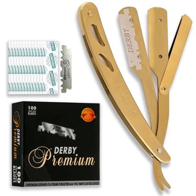 Equinox Professional Straight Edge Razor with 100 Single Derby Straight Razor Blades-Barber Straight Razor-Close Shaving Men's Manual Shaver-Disposable Straight Razor Blades-Straight Razor Kit