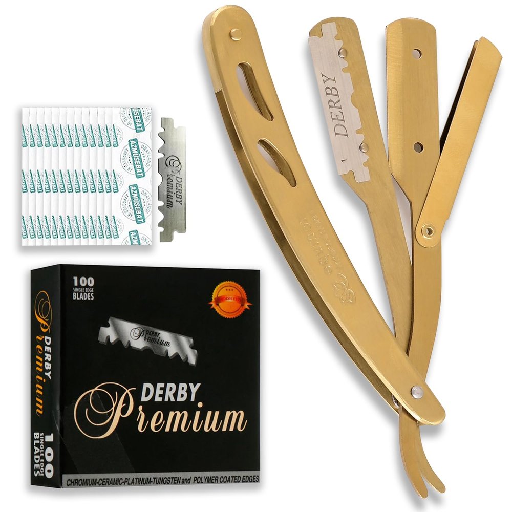 Equinox Professional Straight Edge Razor with 100 Single Derby Straight Razor Blades-Barber Straight Razor-Close Shaving Men's Manual Shaver-Disposable Straight Razor Blades-Straight Razor Kit