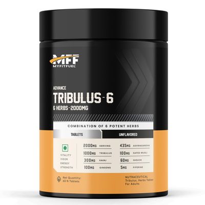 MyFitFuel Tribulus Terrestris +6 Herbs (2000mg) (60 Tablets) (Gokshura 50% Saponins, Ginseng, Kaunj, Safed Musli, Ashwagandha, Guduchi & Piperine 95%) For Performance, Muscle & Energy