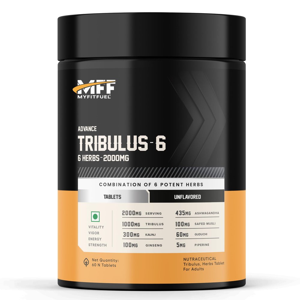 MyFitFuel Tribulus Terrestris +6 Herbs (2000mg) (60 Tablets) (Gokshura 50% Saponins, Ginseng, Kaunj, Safed Musli, Ashwagandha, Guduchi & Piperine 95%) For Performance, Muscle & Energy