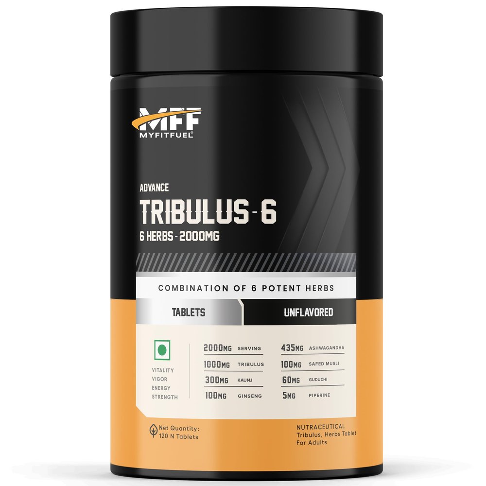 MyFitFuel Tribulus Terrestris +6 Herbs (2000mg) (120 Tablets) (Gokshura 50% Saponins, Ginseng, Kaunj, Safed Musli, Ashwagandha, Guduchi & Piperine 95%) For Performance, Muscle & Energy