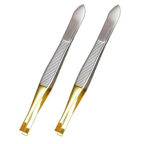 AVTY (2 Pack) Flat Tweezers - Gold Tone Stainless Steel Flat Tip Tweezers Hair Plucker for Hair and Eyebrows Personal Care (Gold Tone_A)