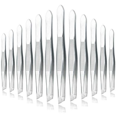 AVTY Stainless Steel Tweezers - 12 Pieces Slant Tip Tweezers Set - Precision Facial Hair Tweezers - Comfort Grip Long Silver Tweezers for Ingrown Hair - Professional Eyebrow Tweezers for Men and Women