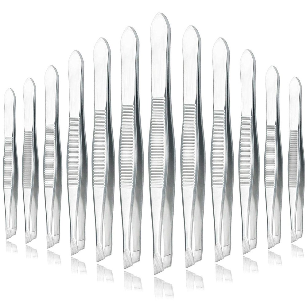 AVTY Stainless Steel Tweezers - 12 Pieces Slant Tip Tweezers Set - Precision Facial Hair Tweezers - Comfort Grip Long Silver Tweezers for Ingrown Hair - Professional Eyebrow Tweezers for Men and Women
