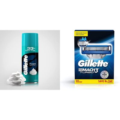 Gillette Classic Sensitive Shave Foam - 418 Gm (33% Extra) & Mach 3 Turbo Manual Shaving Razor Blades - 8S Pack (Cartridge)