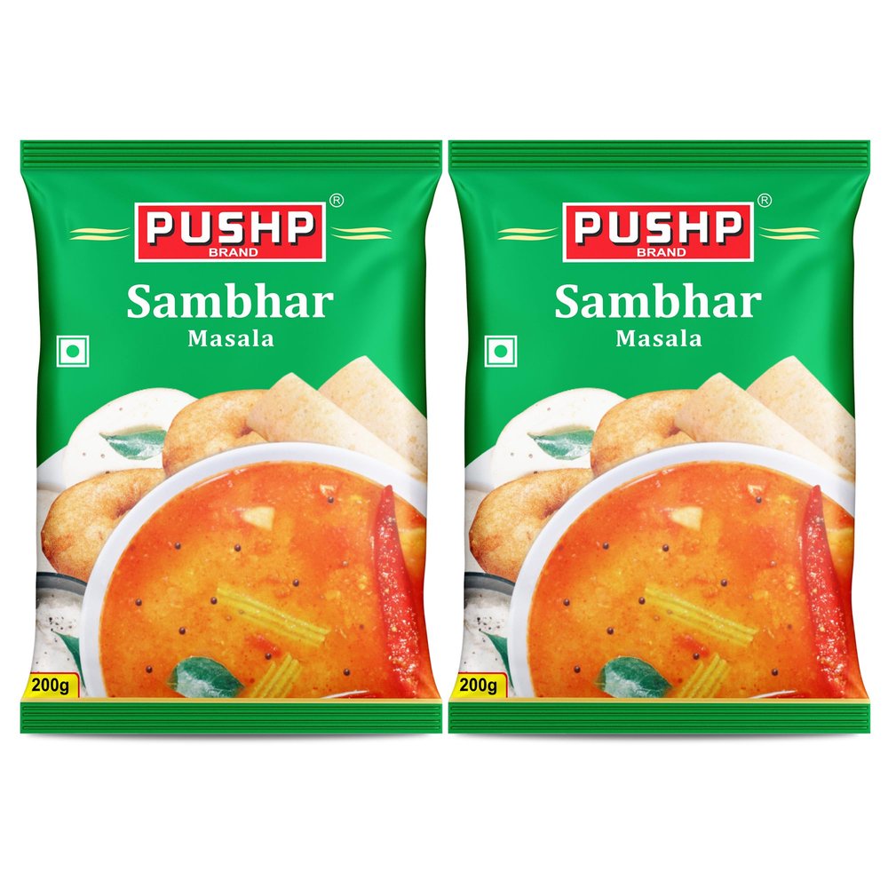 Pushp Brand Sambhar Masala 200g Pouch | Pack of 2 |Traditional South Indian Sambar Powder | Pure & Aromatic Spice Blend | No Artificial Flavors | No Preservative