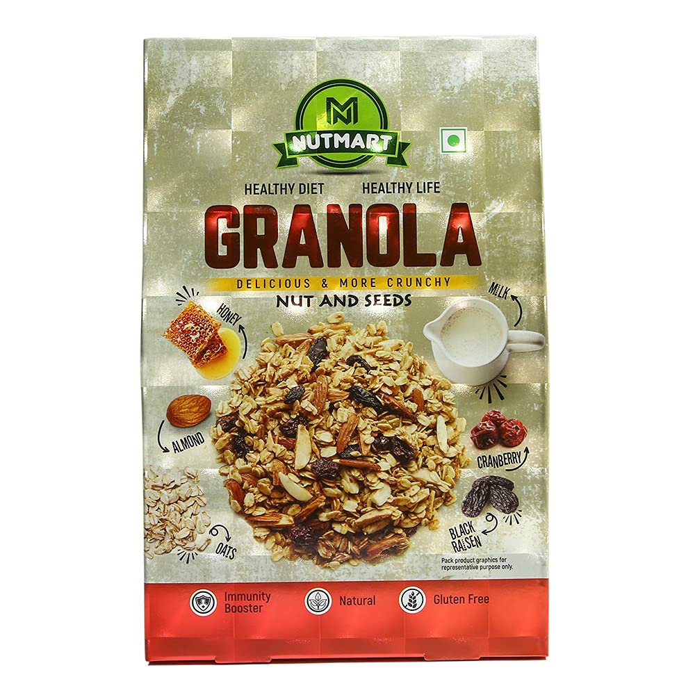 NUTMART'S CRUNCHY GRANOLA HONEY, ALMONDS, CRANBERRIES AND BLACK RAISINS || BREAKFAST CEREALS ||NO ADDED SUGAR || 500 GRAMS || RS 329