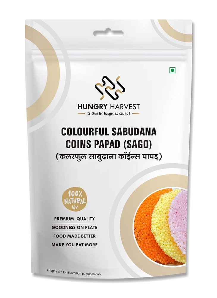 Hungry Harvest Sabudana Papad (Natural Color) 100% Gluten Free Natural and Organic Tapioca Extract Rice papad fryums Chips Snacks Ready to Cook air Fry or Microwave 200 Gram