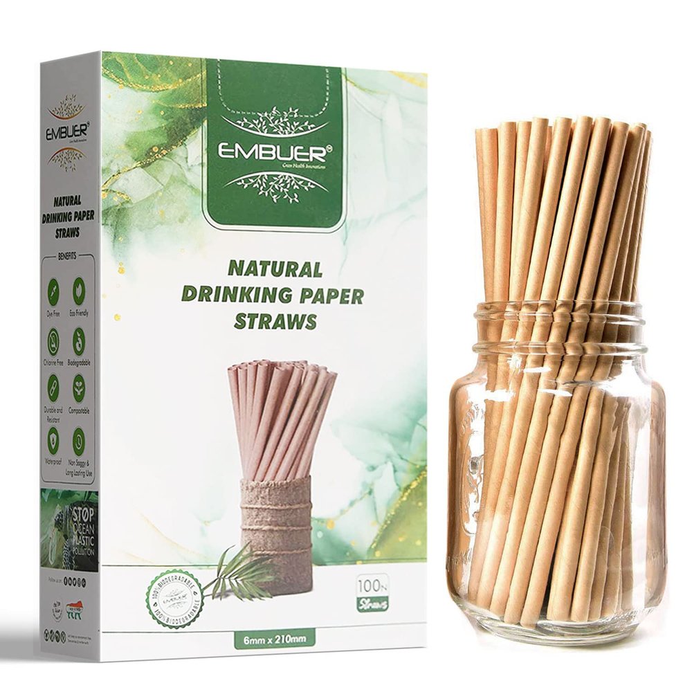 Embuer Kraft Paper Straws for Drinking Juice, Milkshake, Cold Coffee -6 mm X 210 mm (100N) I Premium Extra Durable paper straws Unbleached, Eco-Friendly Straw for Kids, Parties, Restaurants- Pack of 1
