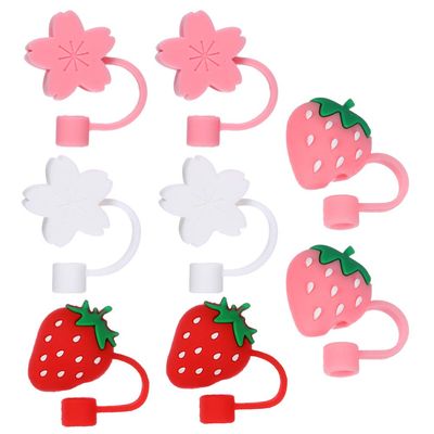 ARTIBETTER 8pcs Silicone Straw Tips Covers Strawberry and Sakura Drinking Straw Tips Lids Anti- dust Silicone Straw Caps for 6-8 mm Straw Tips