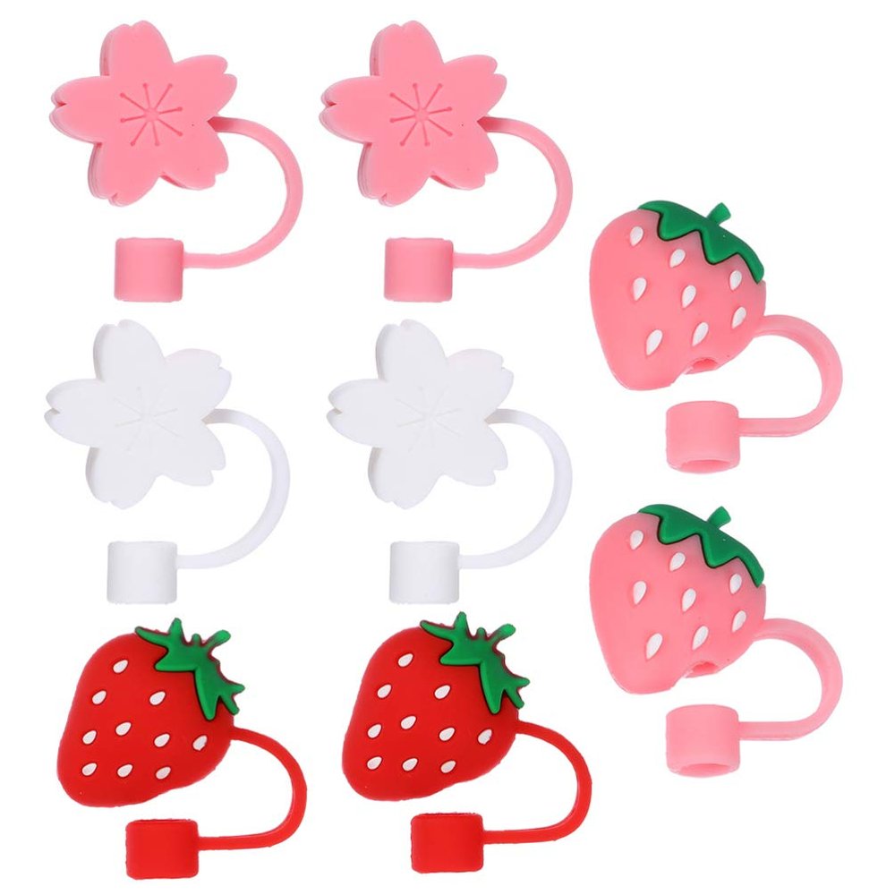 ARTIBETTER 8pcs Silicone Straw Tips Covers Strawberry and Sakura Drinking Straw Tips Lids Anti- dust Silicone Straw Caps for 6-8 mm Straw Tips