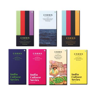 CARRA 55% Dark Chocolate Combo Pack | Pack of 7 55% Dark Chocolate Bars - Flavorful and Rich - Cashews & Biscotti, Cashews & Cranberries, Sea Salt & California Almonds, Cardamom, Cinnamon, Meetha Paan and Fennel Seeds
