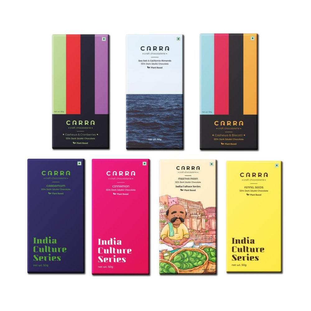 CARRA 55% Dark Chocolate Combo Pack | Pack of 7 55% Dark Chocolate Bars - Flavorful and Rich - Cashews & Biscotti, Cashews & Cranberries, Sea Salt & California Almonds, Cardamom, Cinnamon, Meetha Paan and Fennel Seeds