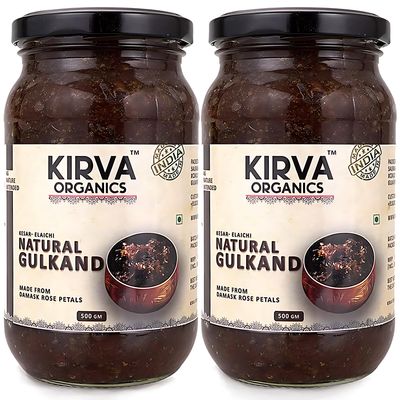 Kirva Organics Natural Gulkand 500GM | Sun-Cooked Damask Rose Petals & Rock Sugar | Infused with Kesar & Elaichi | Ayurvedic Digestive & Natural Body Coolant | No Artificial Flavors (Pack of 2)