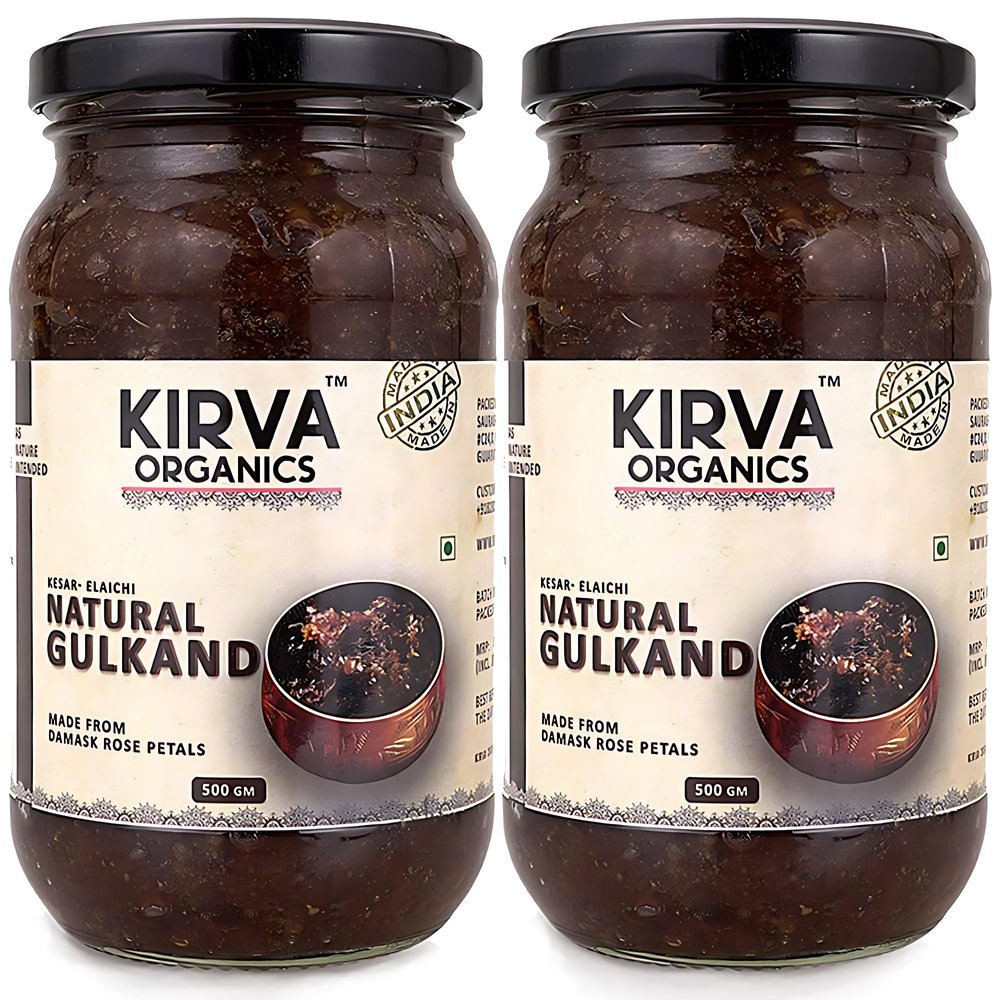 Kirva Organics Natural Gulkand 500GM | Sun-Cooked Damask Rose Petals & Rock Sugar | Infused with Kesar & Elaichi | Ayurvedic Digestive & Natural Body Coolant | No Artificial Flavors (Pack of 2)