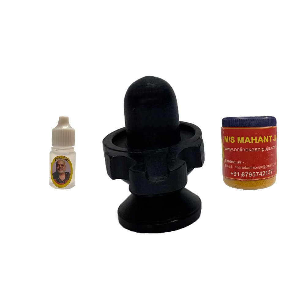 MAHANT JI Pure Siddha Black Marble Stone Shivaling or Shiva Lingam with Gangajal and Chandan from Kashi (Size 5.5 x 5.5 Cm)