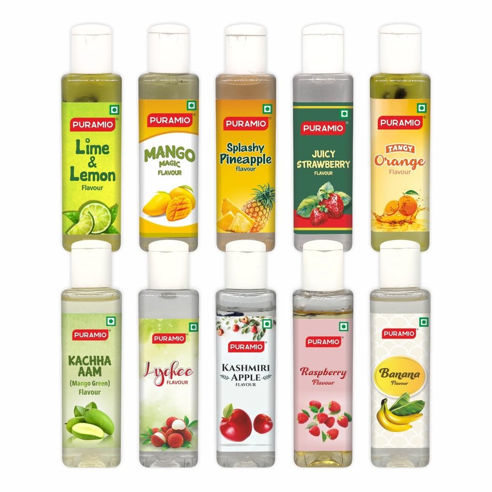 PURAMIO Concentrated Fruit Flavours, 30ml Each (Pack of 10)- Lime & Lemon, Mango Magic, Splashy Pineapple, Juicy Strawberry, Tangy Orange, Kachha Aam, Lychee, Apple, Raspberry, Banana