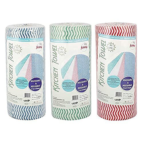 Fabby Non-Woven Kitchen Towel Roll Reusable and Washable Fabric Kitchen Wipes Pack of 5 (9x8, 60 pulls each, Multi)