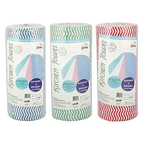 Fabby Non-Woven Kitchen Towl Roll Printed Washable And Reusable Kitchen Wipes, Pack of 3 (9x8, 60 pulls each)