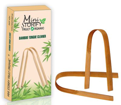 Mini Storify Wooden Bamboo Tongue Cleaner Pack of 2 Natural & Eco-Friendly Oral Cleaning - Mouth Care for Kids, Adults, Men & Women - Brown