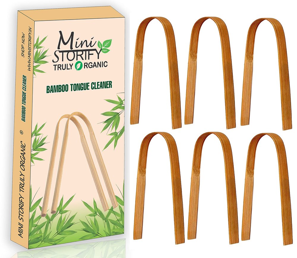 Mini Storify  Wooden Bamboo Tongue Cleaner  Pack of 6  Natural & Eco-Friendly Oral Cleaning - Mouth Care for Kids, Adults, Men & Women - Brown