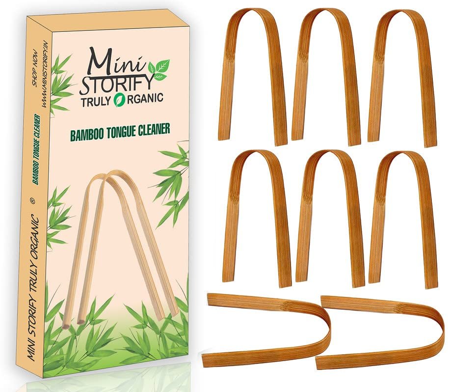 Mini Storify  Wooden Bamboo Tongue Cleaner  Pack of 8  Natural & Eco-Friendly Oral Cleaning - Mouth Care for Kids, Adults, Men & Women - Brown