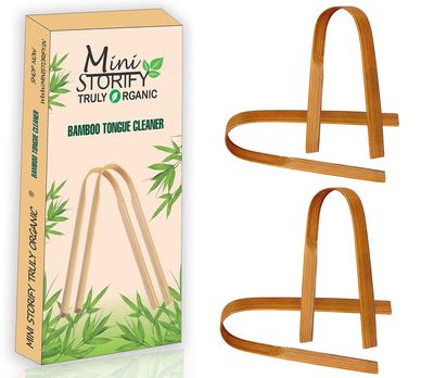 Mini Storify Wooden Bamboo Tongue Cleaner Pack of 4 Natural & Eco-Friendly Oral Cleaning - Mouth Care for Kids, Adults, Men & Women - Brown