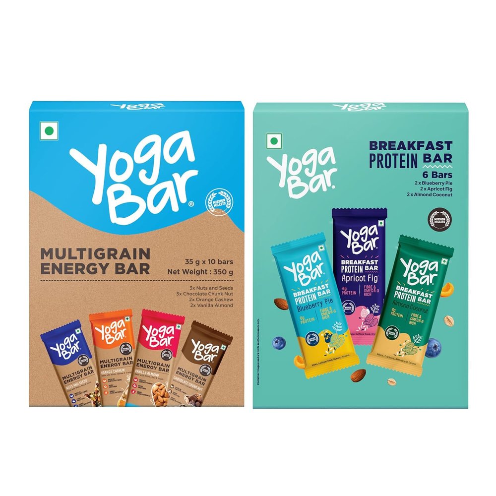 Yogabar Protein Bar Combo, 16 Bars | Multigrain Energy Bar x 10 and Breakfast Protein Bar x 6 | Protein Snack with High Fibre