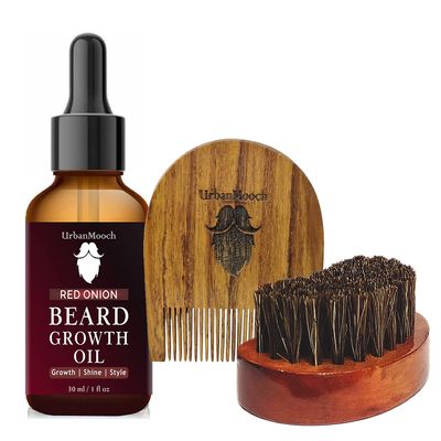 UrbanMooch | Beard Grooming Kit for Men | Onion Beard Oil Boar Bristle Brush U Shape Comb | Promotes Growth Nourishes Styles | 3-in-1 Set