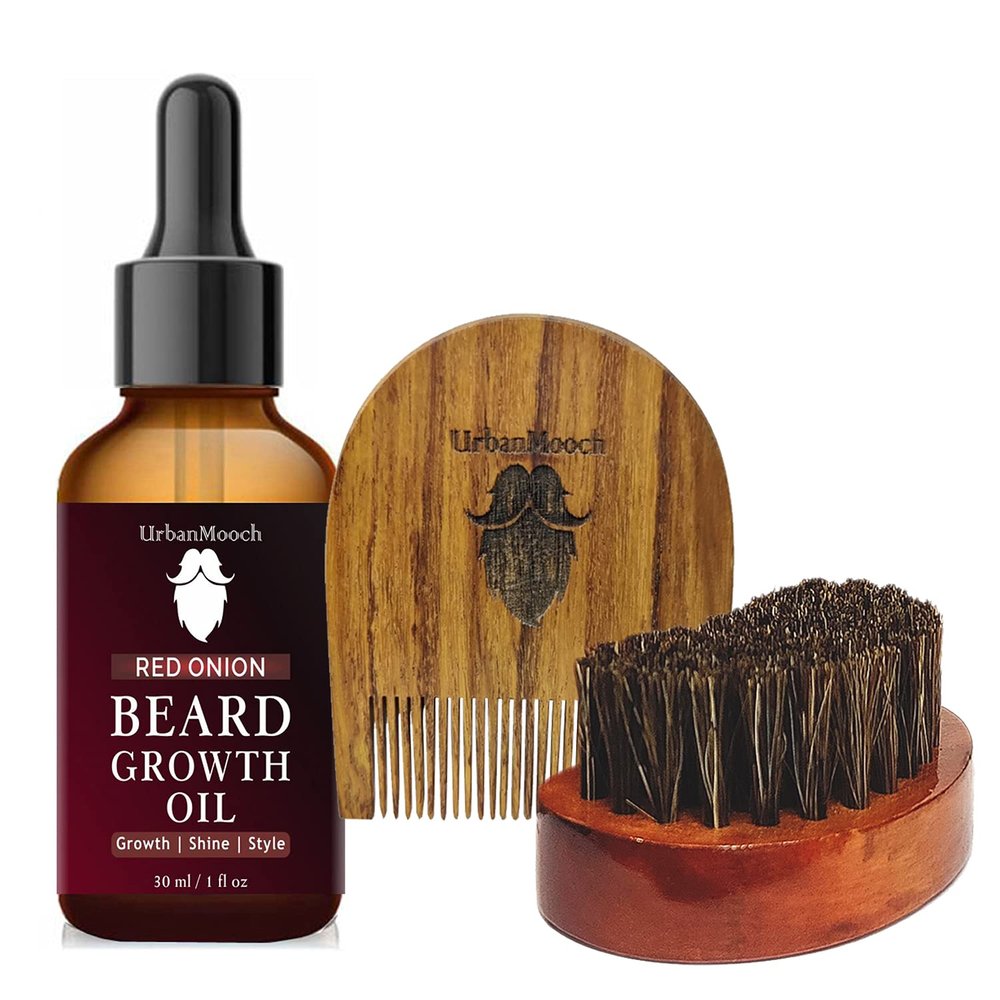 UrbanMooch | Beard Grooming Kit for Men | Onion Beard Oil Boar Bristle Brush U Shape Comb | Promotes Growth Nourishes Styles | 3-in-1 Set