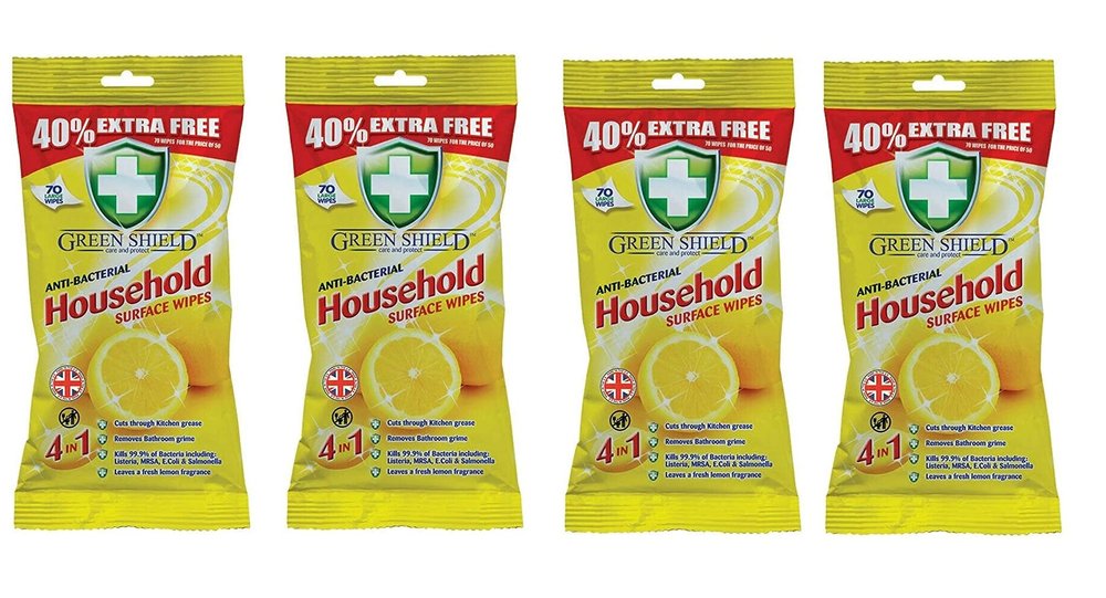 Greenshield Anti Bacterial Household Surface Wipes 70's - Pack of 4