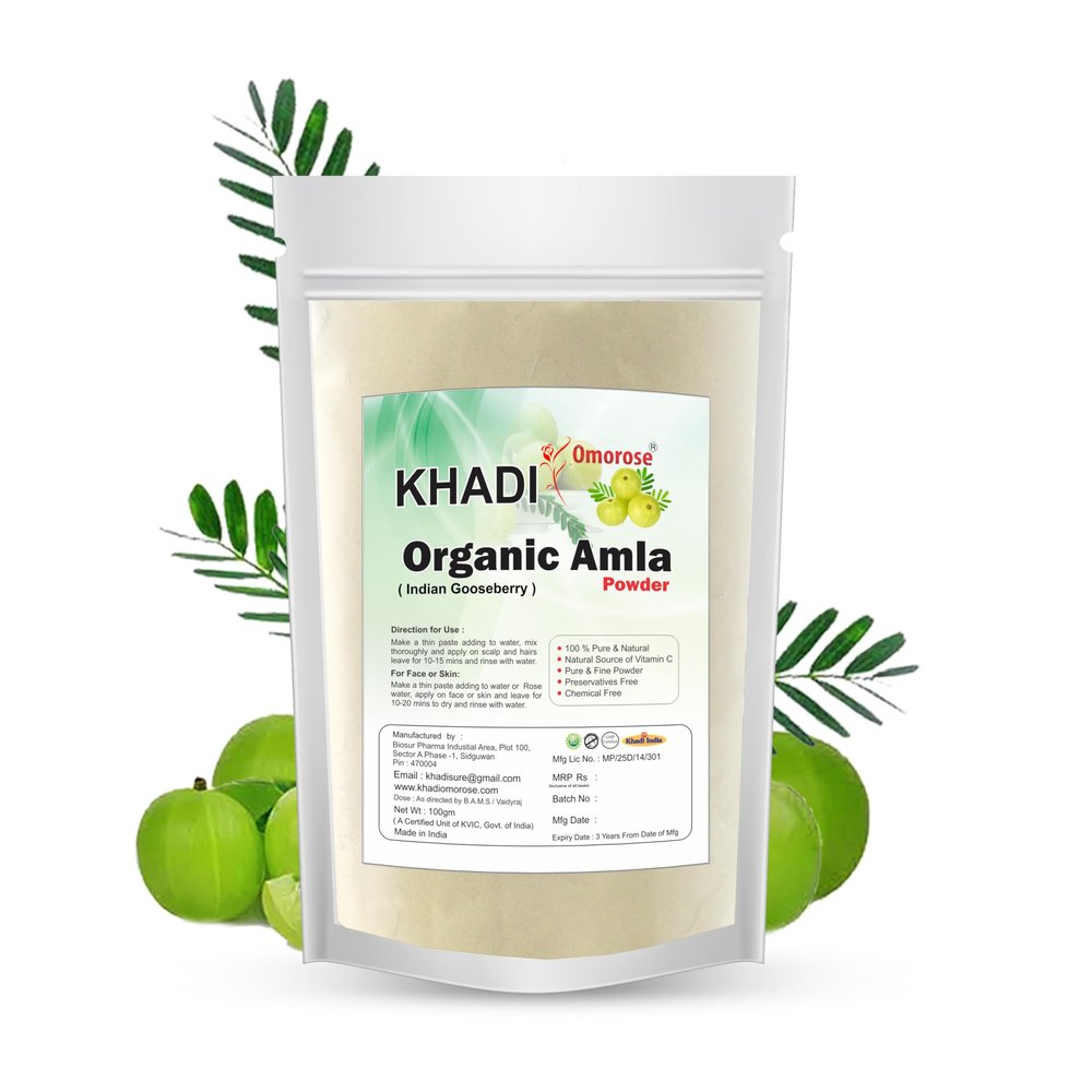 Khadi Omorose Amla Powder for Hair Growth, Skin, Drinking and Eating (100g),Pure & Natural,100 Grams { Zipper Pouch }