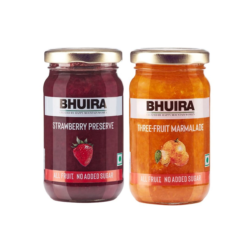 Bhuira|All Natural Jam Strawberry Preserve & Three Fruit Marmalade-240g Each|No Added Sugar|No Added preservatives |No Artifical Color Added |Pack of 2