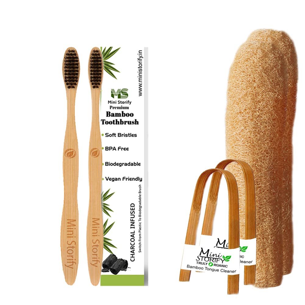 2 Adults Bamboo Toothbrush, 2 Tongue Cleaner and 2 Oval Loofah Body Scrubber