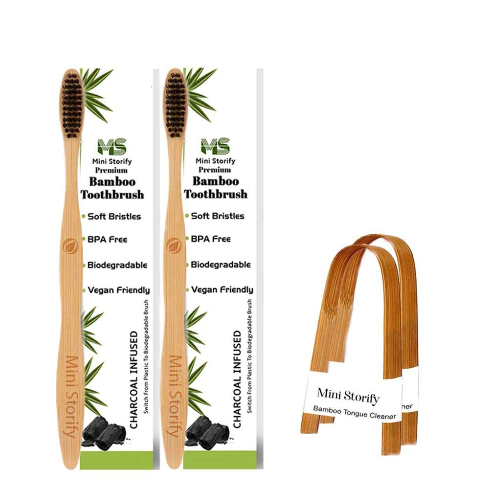 2 Adults Bamboo Toothbrush, 2 Tongue Cleaner and 2 Oval Loofah Body Scrubber