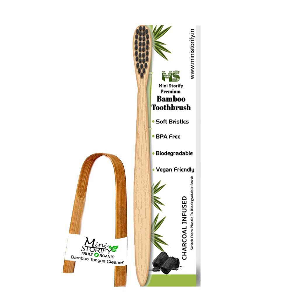 2 Adults Bamboo Toothbrush, 2 Tongue Cleaner and 2 Oval Loofah Body Scrubber