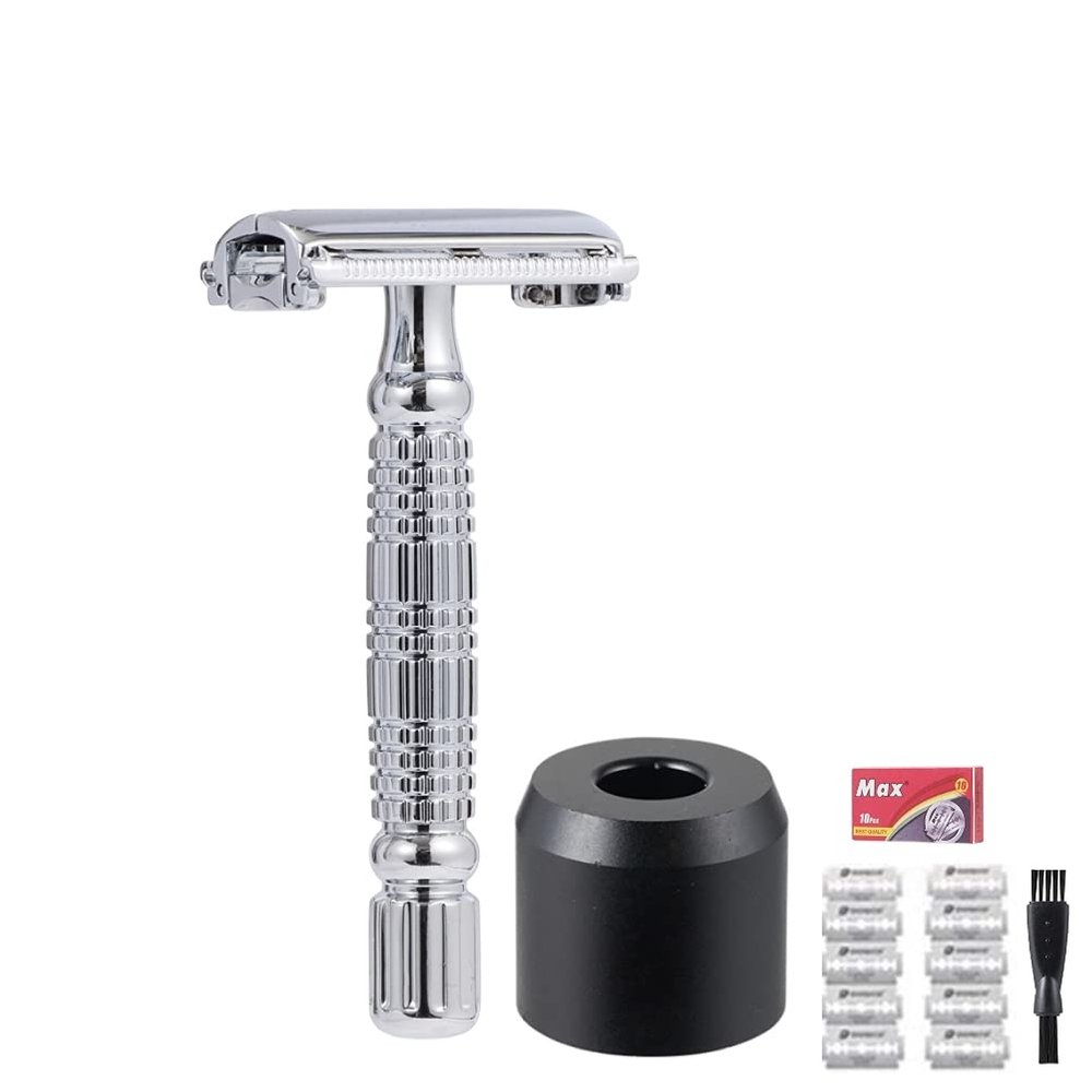 Double Edge Safety Razor TTO Butterfly Twist Open DE Shaving Razor with Razor Stand, 10 Premium Blades and Mini Brush (SILVER RAZOR + BLACK STAND)