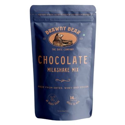 Brawny Bear Chocolate Milkshake Mix, Healthy Cocoa Powder sweetened with Dates & Whey Protein - 14g protein per serve, No added Sugar, No colours, Chocolate Flavoured Milk - 250gm