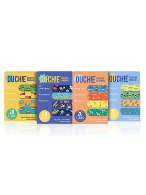 Aya Papaya Ouchie Non-Toxic Printed Bandages Quadruple Pack Of 4 (20 strips each) - Yellow, Space Blue, Orange & Blue