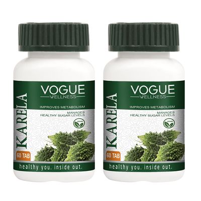 Vogue Wellness Karela Tablets Regulates Purifies Blood Gives Healthy Clear Skin Manage Healthy Sugar Levels - 60 Tablets Pure Herbal - pack of 2