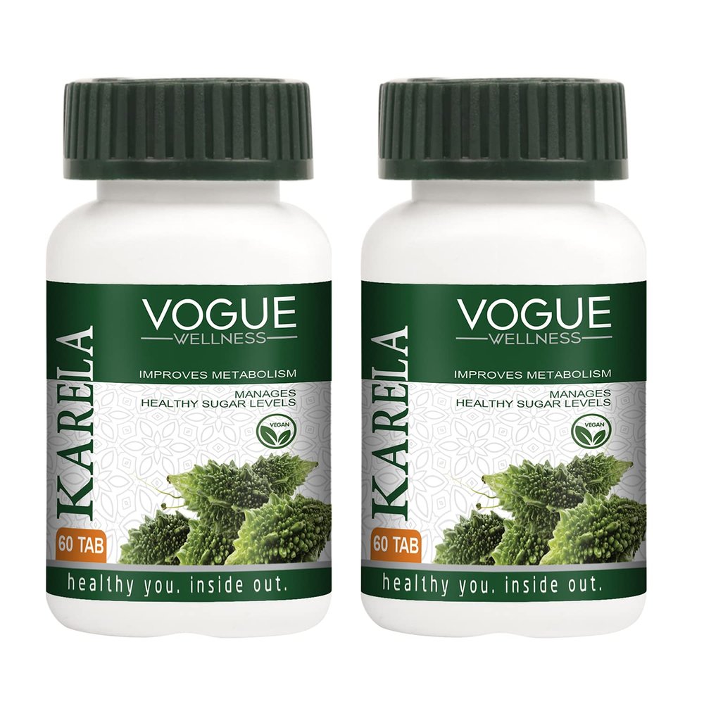 Vogue Wellness Karela Tablets Regulates Purifies Blood Gives Healthy Clear Skin Manage Healthy Sugar Levels - 60 Tablets Pure Herbal - pack of 2