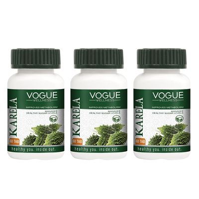 Vogue Wellness Karela Tablets Regulates Purifies Blood Gives Healthy Clear Skin Manage Healthy Sugar Levels - Pure Herbal 60 Tablets - pack of 3
